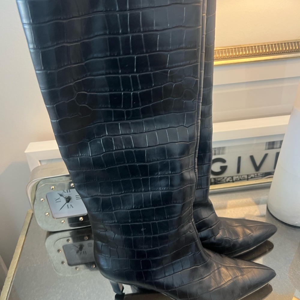 Aqua Black Croc-Embossed Heeled Knee Boots